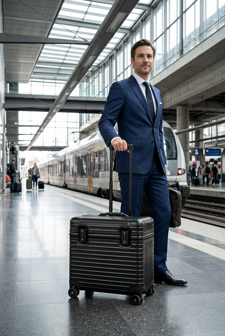 Man in a navy suit holds the handle of a black ribbed suitcase on a station platform 1