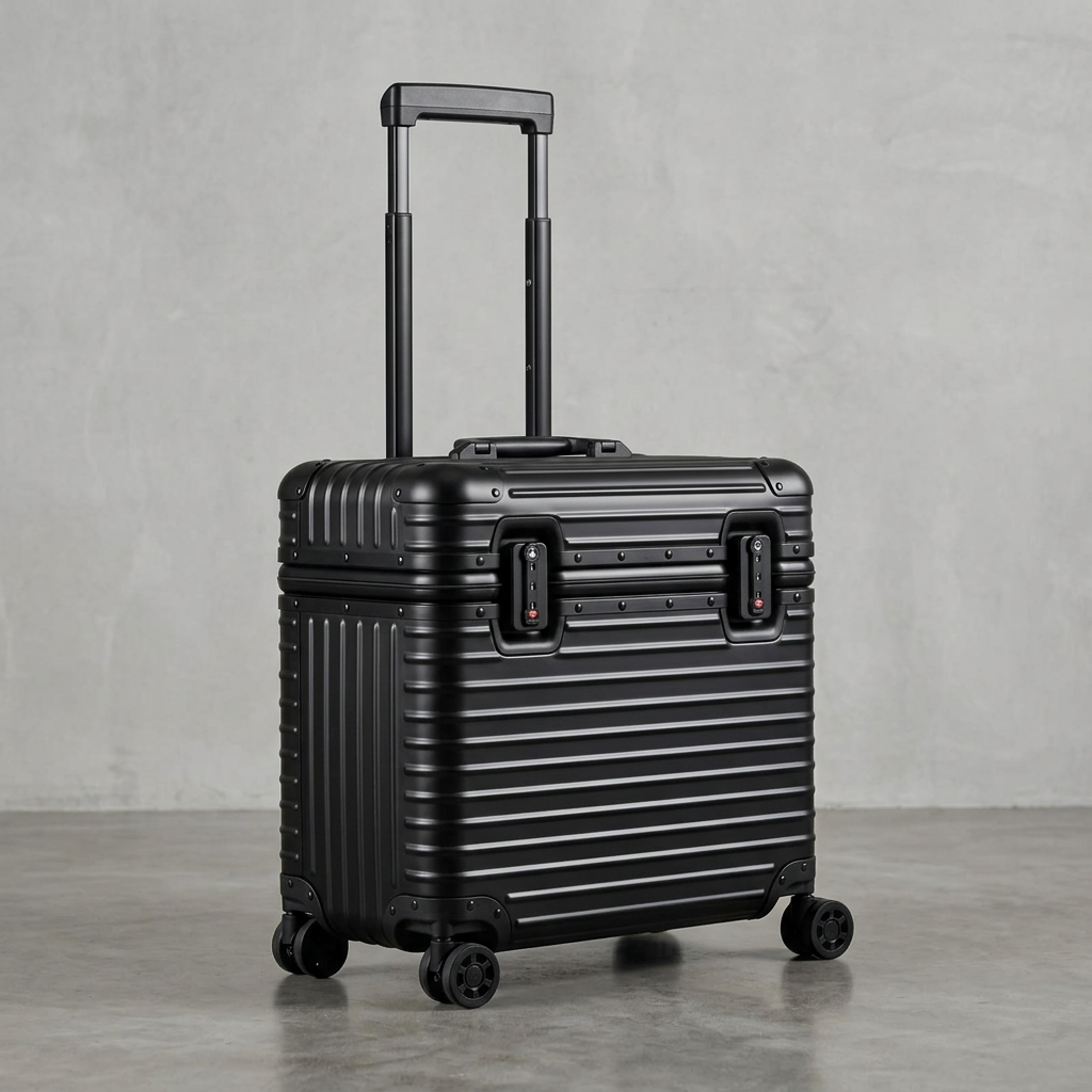 Black ribbed case with handle extended, shown at an angle against a grey concrete backdrop 12