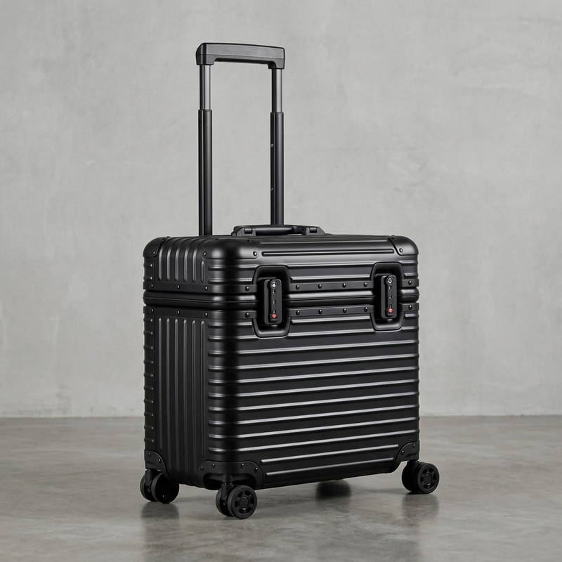 Black ribbed case with handle extended, shown at an angle against a grey concrete backdrop 12