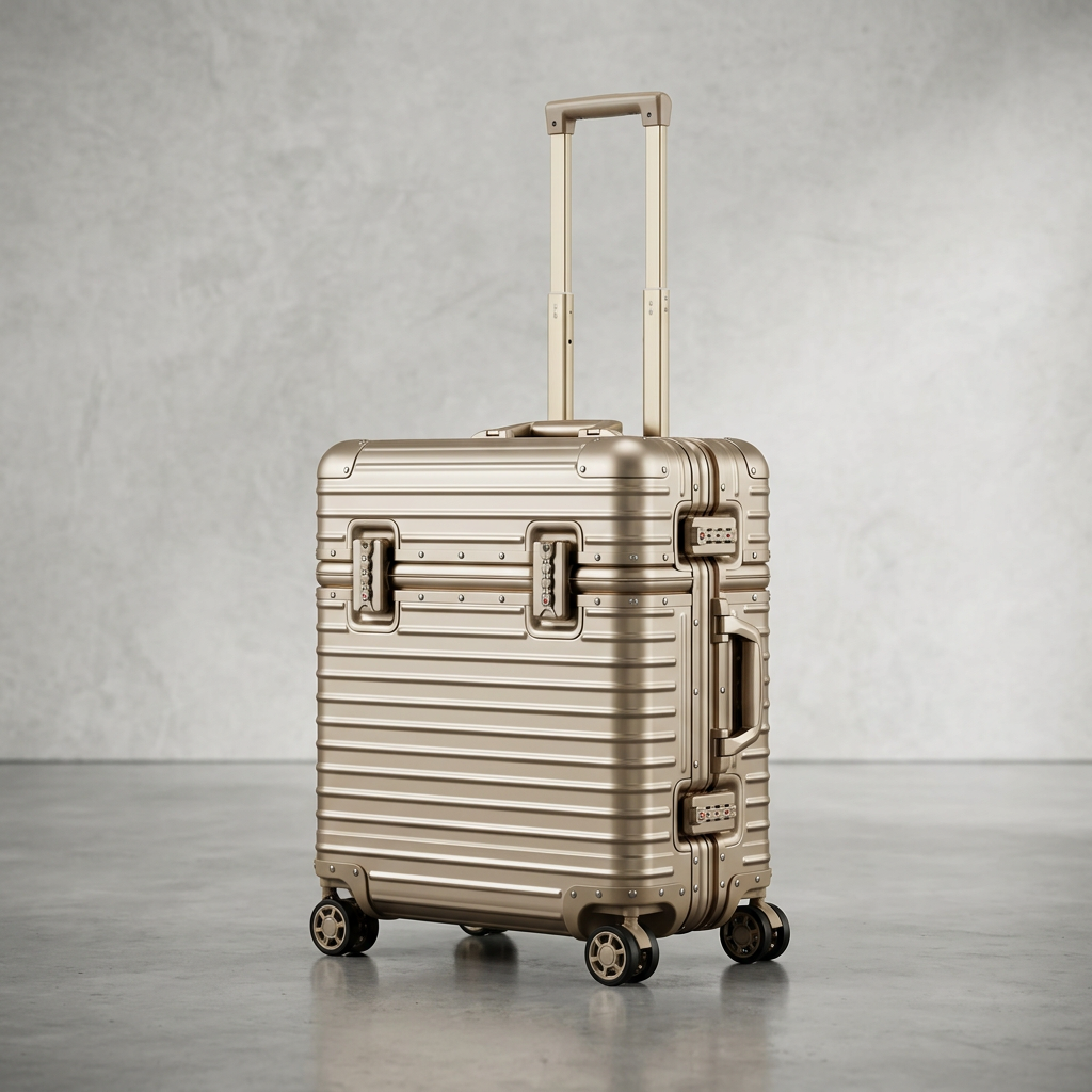 Gold-toned ribbed case with telescopic handle extended, shown at an angle on a grey floor 13