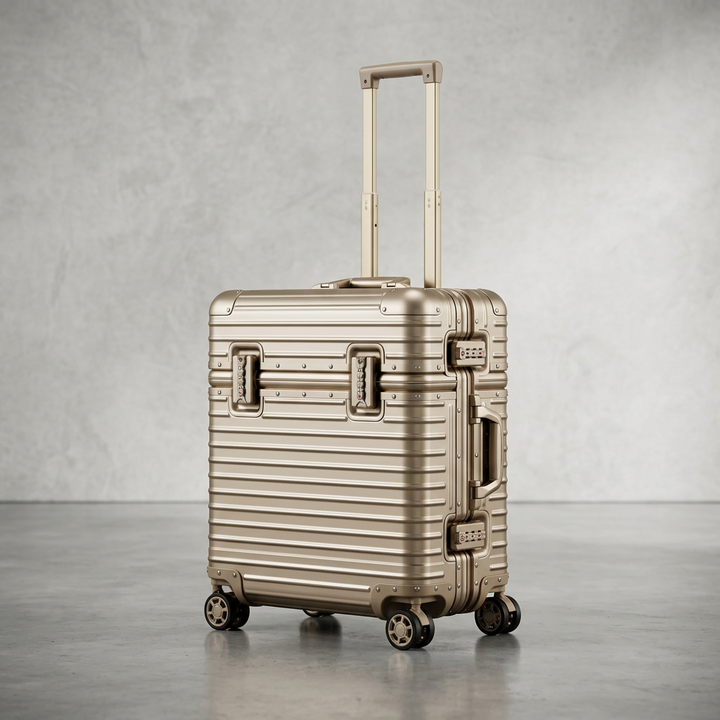 Gold-toned ribbed case with telescopic handle extended, shown at an angle on a grey floor 13