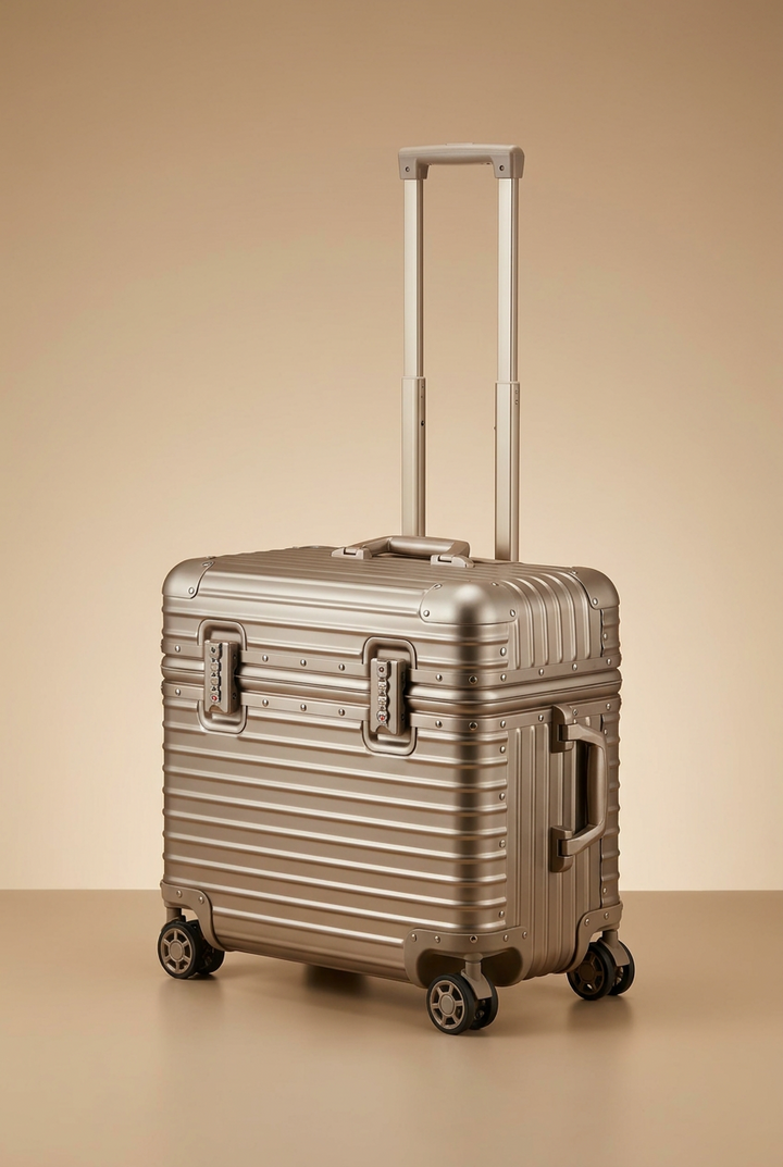 Champagne gold ribbed case with extended handle, angled to show front locks, side handle and four spinner wheels 13