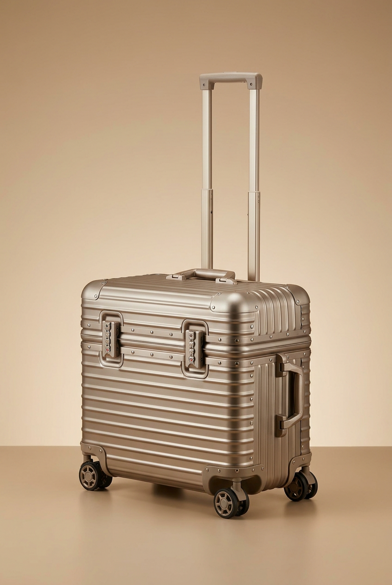 Champagne gold ribbed case with extended handle, angled to show front locks, side handle and four spinner wheels 13