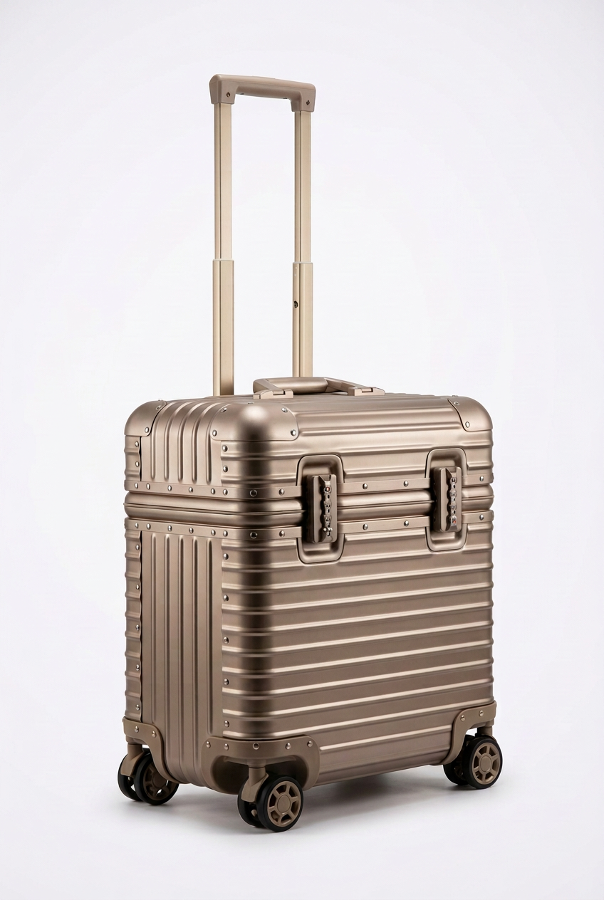 Champagne-gold ribbed metal case at an angle, with extended telescopic handle, twin combination locks and spinner wheels 1