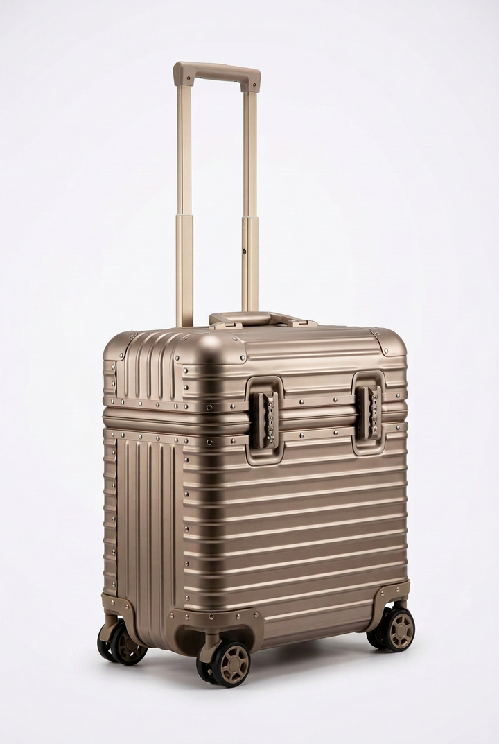 Champagne-gold ribbed metal case at an angle, with extended telescopic handle, twin combination locks and spinner wheels 1