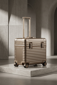 Champagne-gold ribbed suitcase with extended handle and spinner wheels, displayed on a stone plinth 11