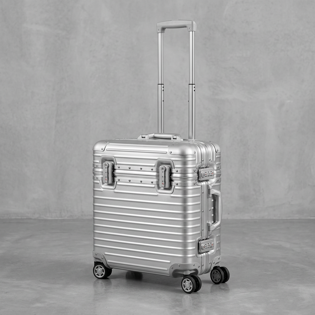 Silver ribbed case with telescopic handle extended, shown at an angle against a concrete backdrop 11