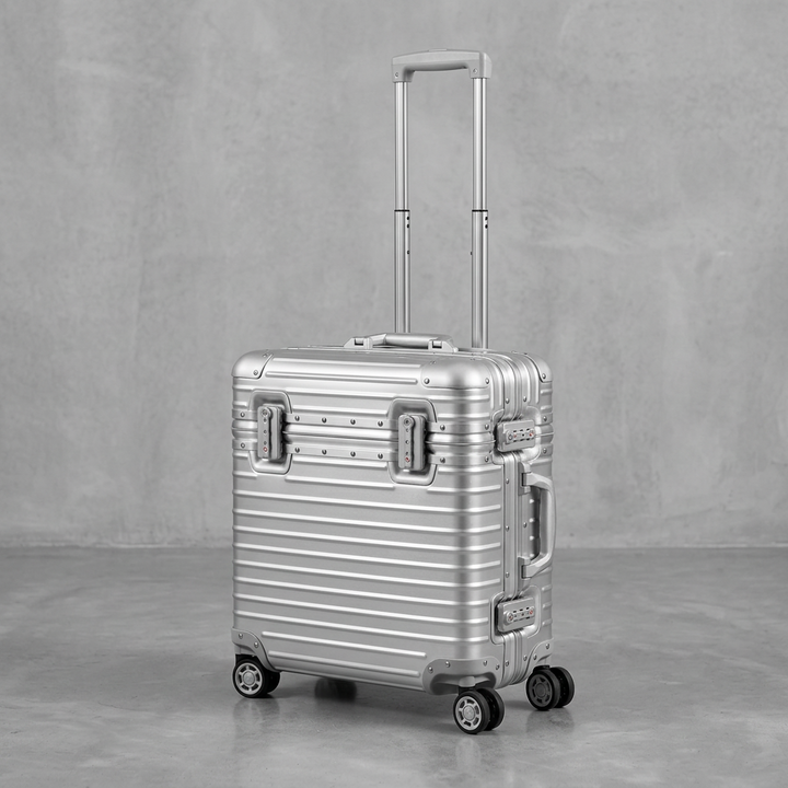 Silver ribbed case with telescopic handle extended, shown at an angle against a concrete backdrop 11