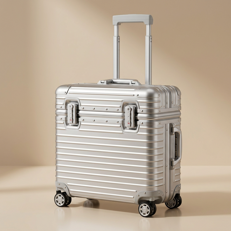 Silver ribbed case with extended handle, angled to show the front locks and side carry handle 12