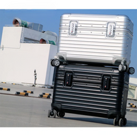 Silver case stacked on a black one outdoors, both tilted on their wheels against a blue sky 2