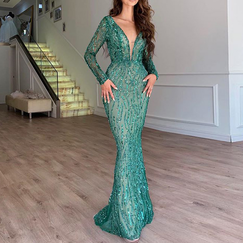 Ankle-Length Sequin Dress with Long Sleeves - Camille-S-State of Style