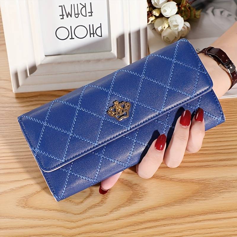 Argyle Pattern Triple Fold Wallet with Royal Gold Accent-Blue-State of Style