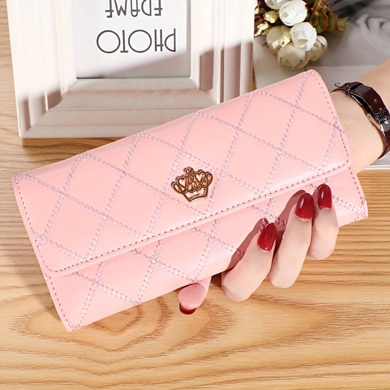 Argyle Pattern Triple Fold Wallet with Royal Gold Accent-Pink-State of Style