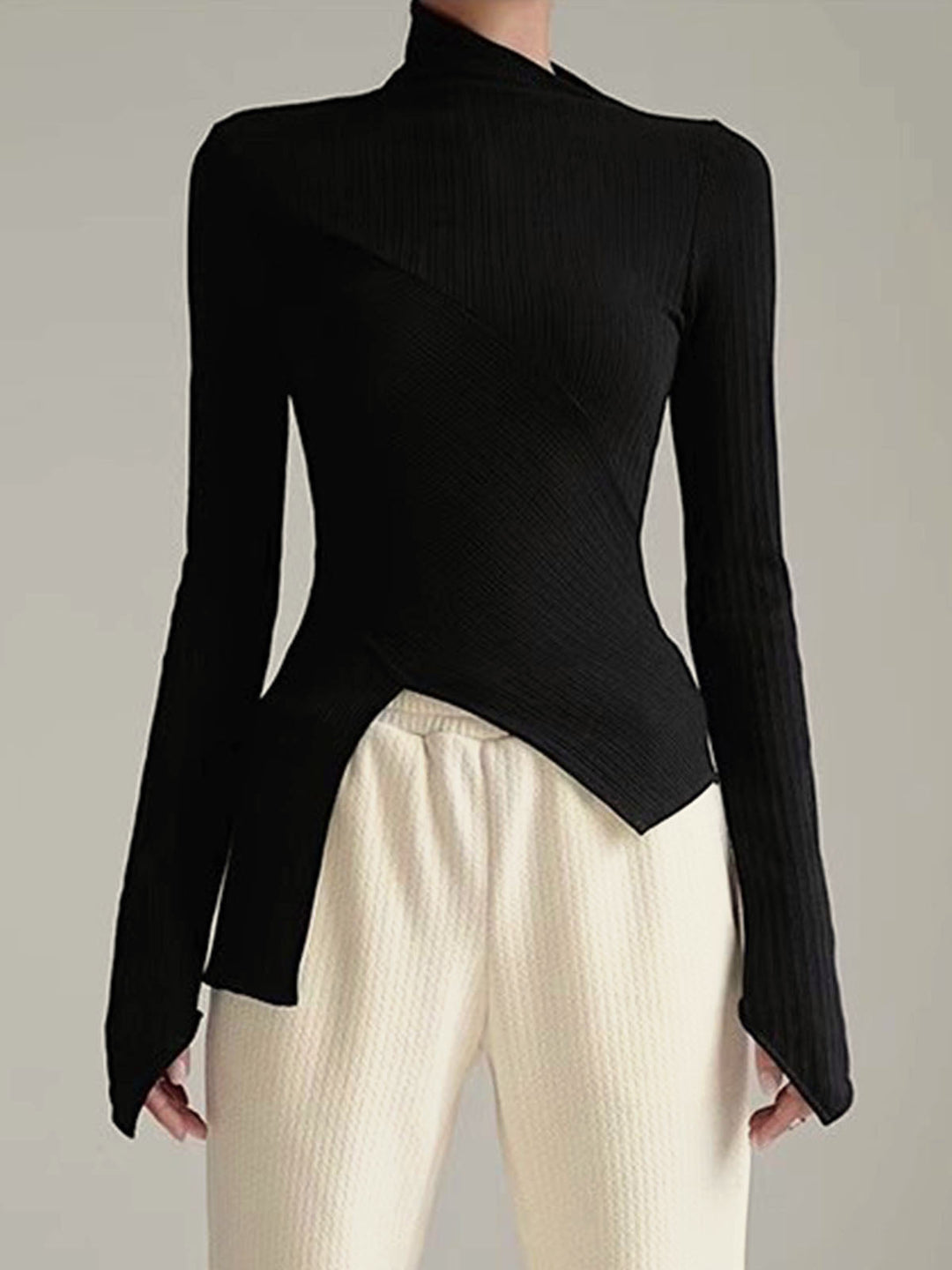 Asymmetrical Jumper with Cut for Ladies - Amelia-Black-XS-State of Style