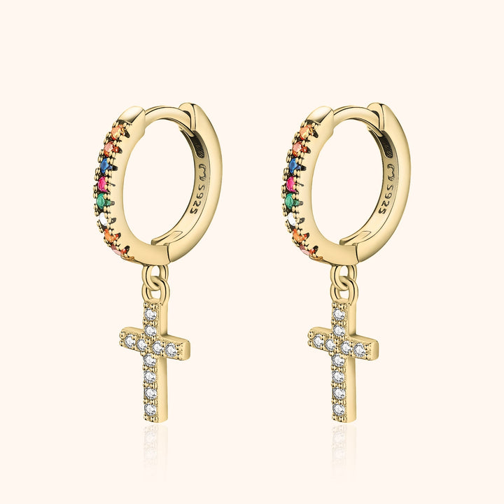 Aurora Coloured Zirconia Cross Earrings-Gold-State of Style