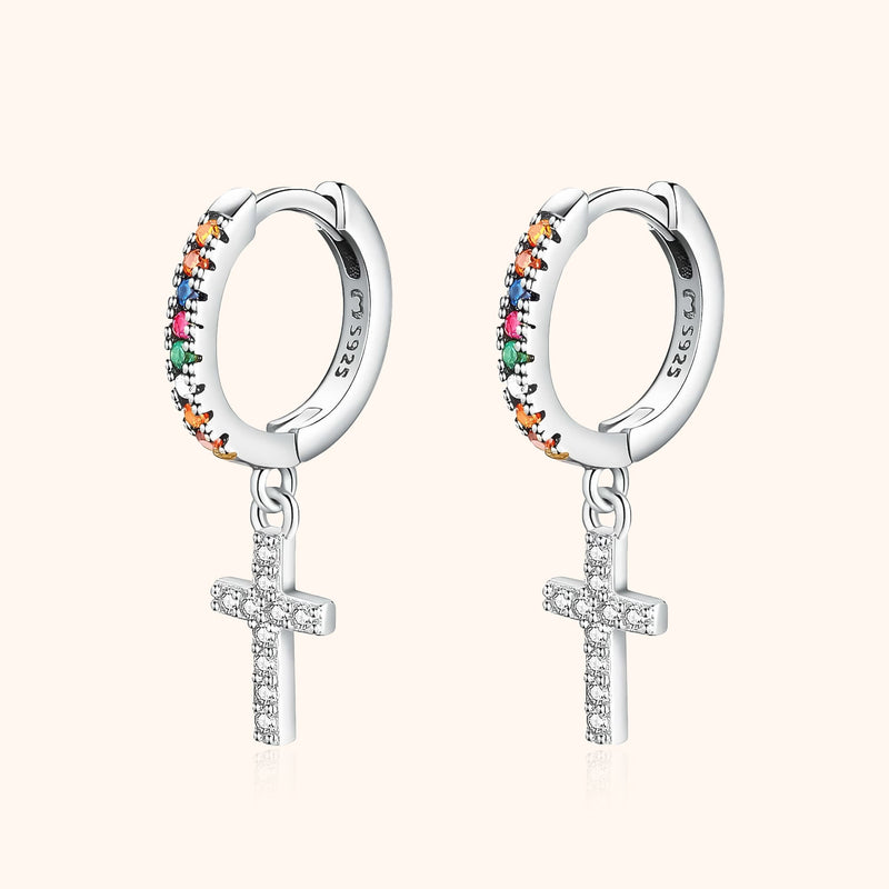 Aurora Coloured Zirconia Cross Earrings-Silver-State of Style