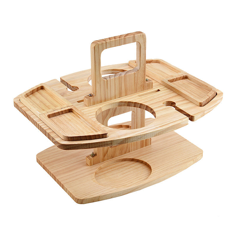 Empty light wooden table on a white background, showing the handle, snack trays and bottle holes 4