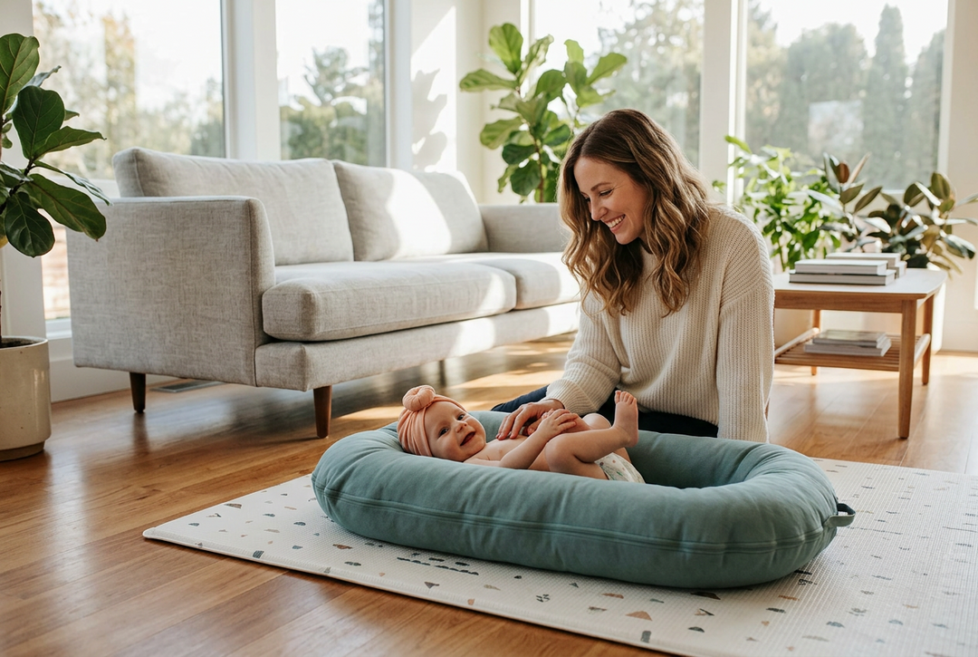 Smiling mother sits beside a baby lying in a teal lounger on a play mat 1