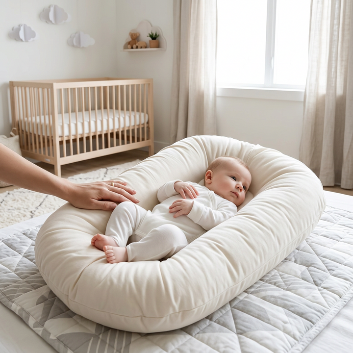 Cream lounger on a quilted play mat with a baby lying inside and a parent's hand resting on it 1
