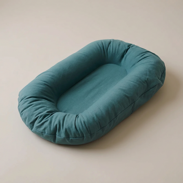 Empty teal oval lounger with raised padded sides, seen from above at an angle 1