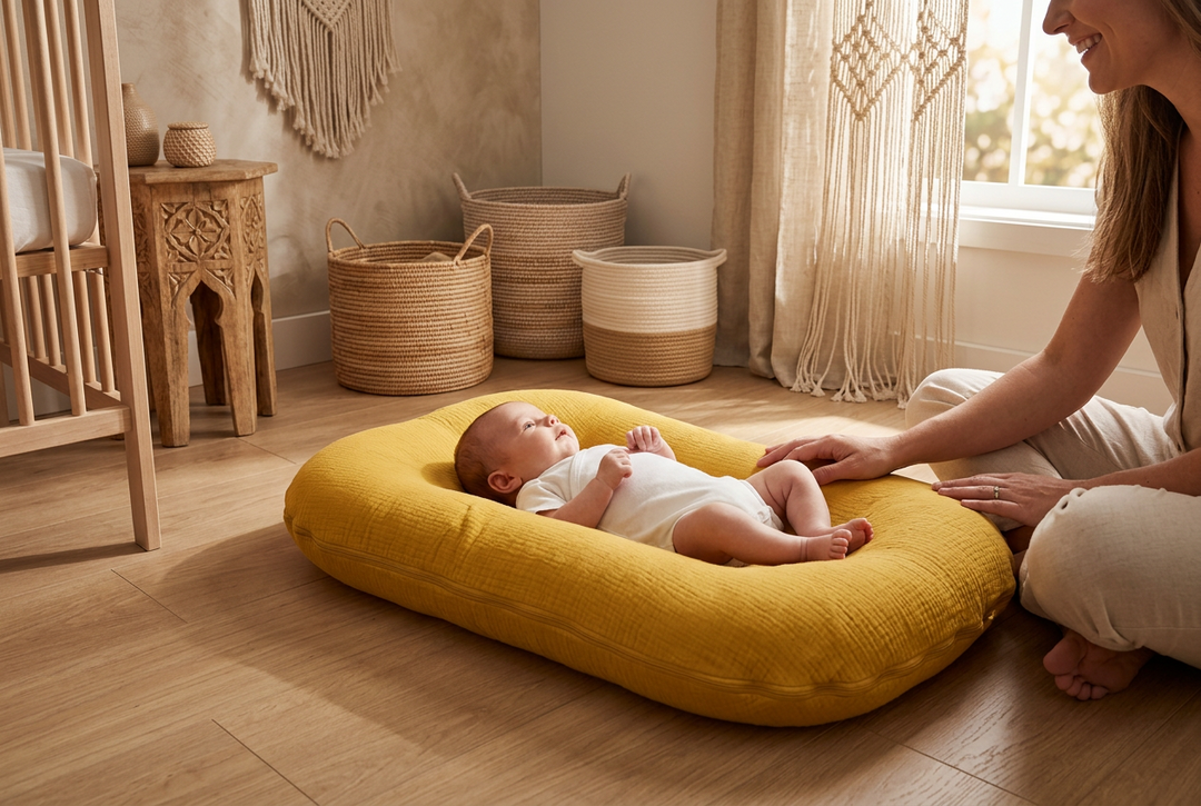 Baby lying in a mustard-yellow muslin lounger on a nursery floor, with a smiling adult beside it 1