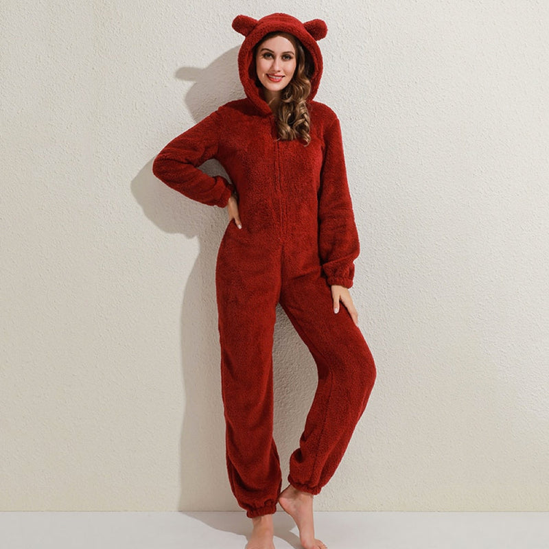 BearHug Super Soft Fleece Onesie with Bear Ears-Burgundy-S-State of Style