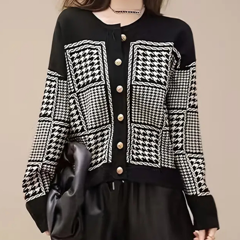 Black Women's Cardigan with Houndstooth Pattern - Isolde-XS-State of Style