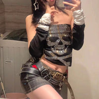 Black women's top with rhinestone skeleton design – Liora-L-State of Style