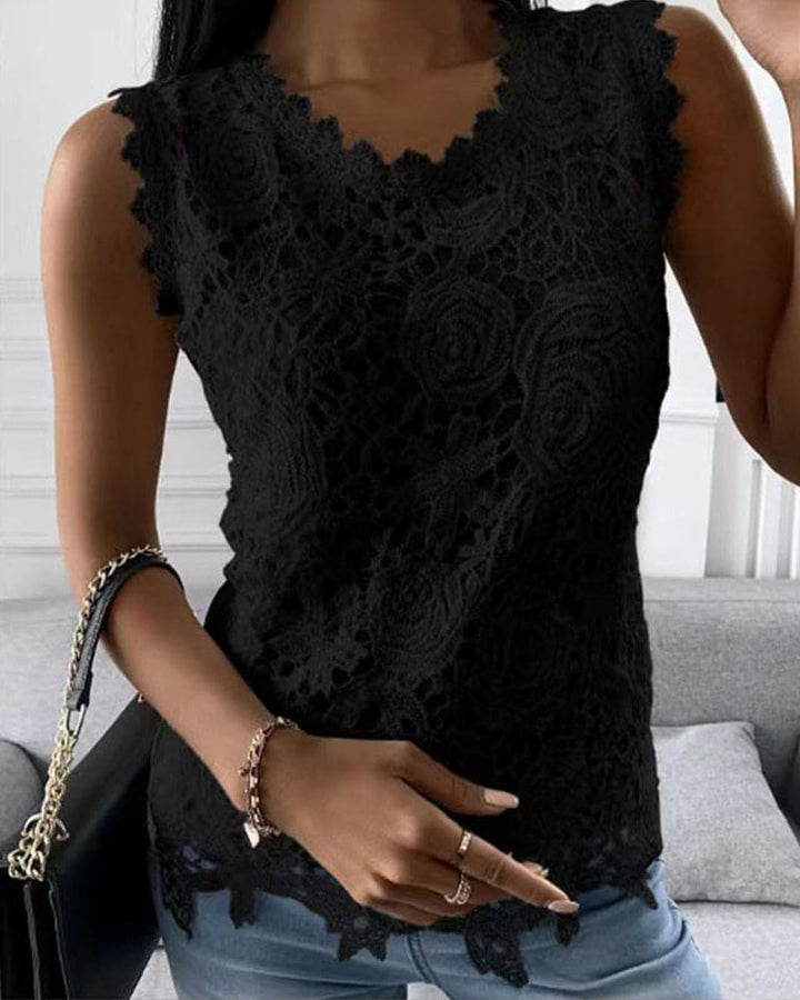 Blouse with Lace Detail in Plain-Coloured Style - Elara-Black-S-State of Style