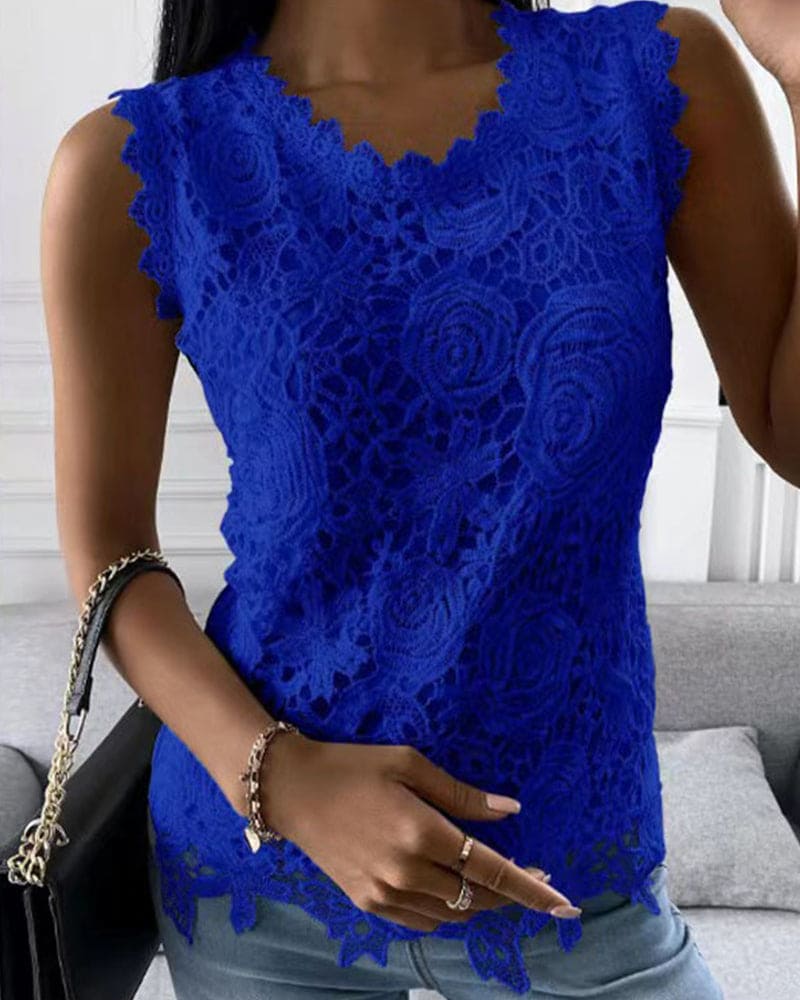 Blouse with Lace Detail in Plain-Coloured Style - Elara-Blue-S-State of Style