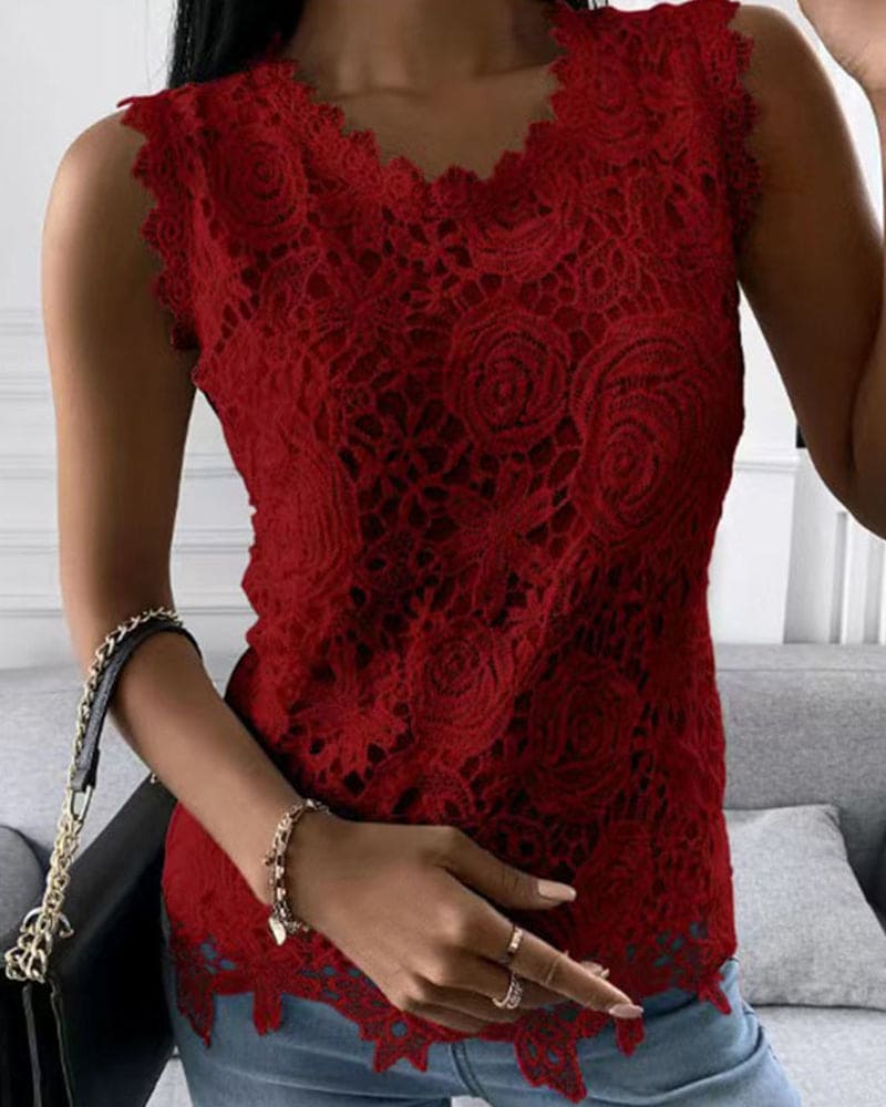 Blouse with Lace Detail in Plain-Coloured Style - Elara-Burgundy-S-State of Style