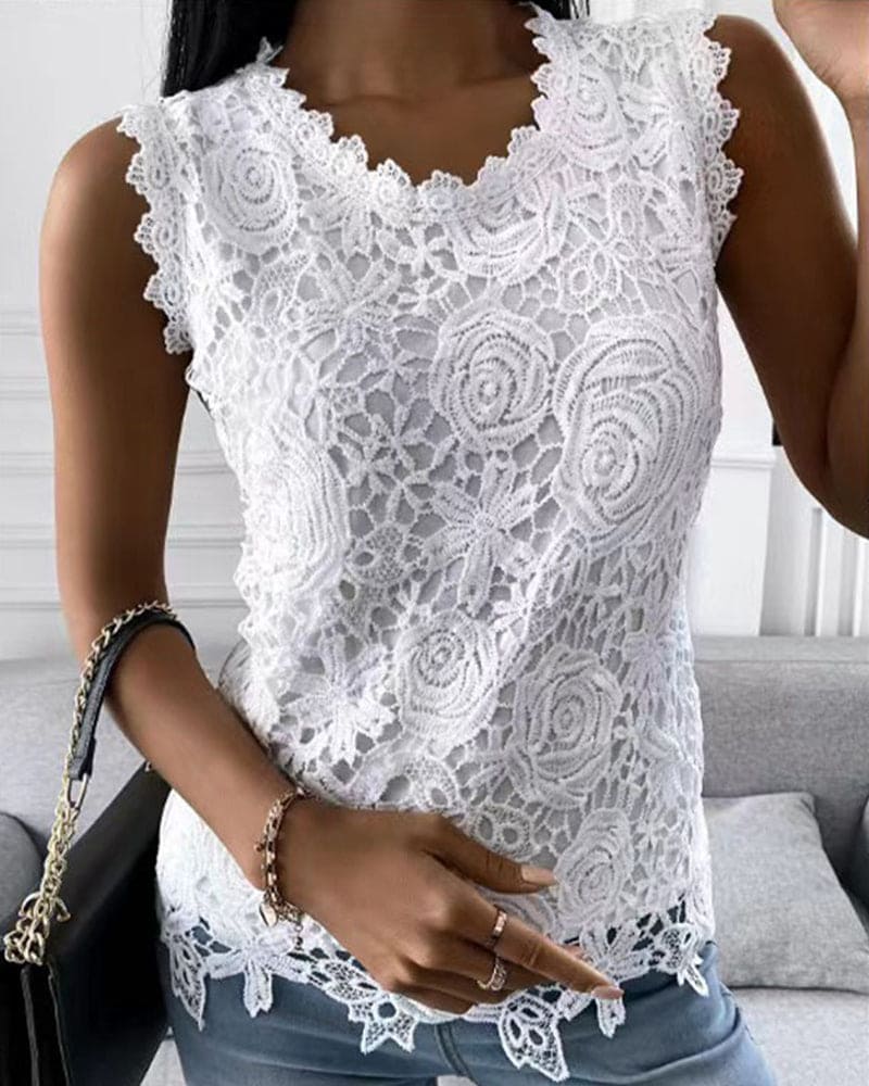 Blouse with Lace Detail in Plain-Coloured Style - Elara-White-S-State of Style