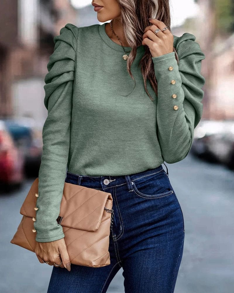 Blouse with Long Puff Sleeves and Round Neck - Eva-Orange-S-State of Style