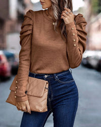 Blouse with Long Puff Sleeves and Round Neck - Eva-Orange-S-State of Style