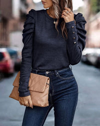 Blouse with Long Puff Sleeves and Round Neck - Eva-Orange-S-State of Style