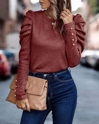 Blouse with Long Puff Sleeves and Round Neck - Eva-Orange-S-State of Style