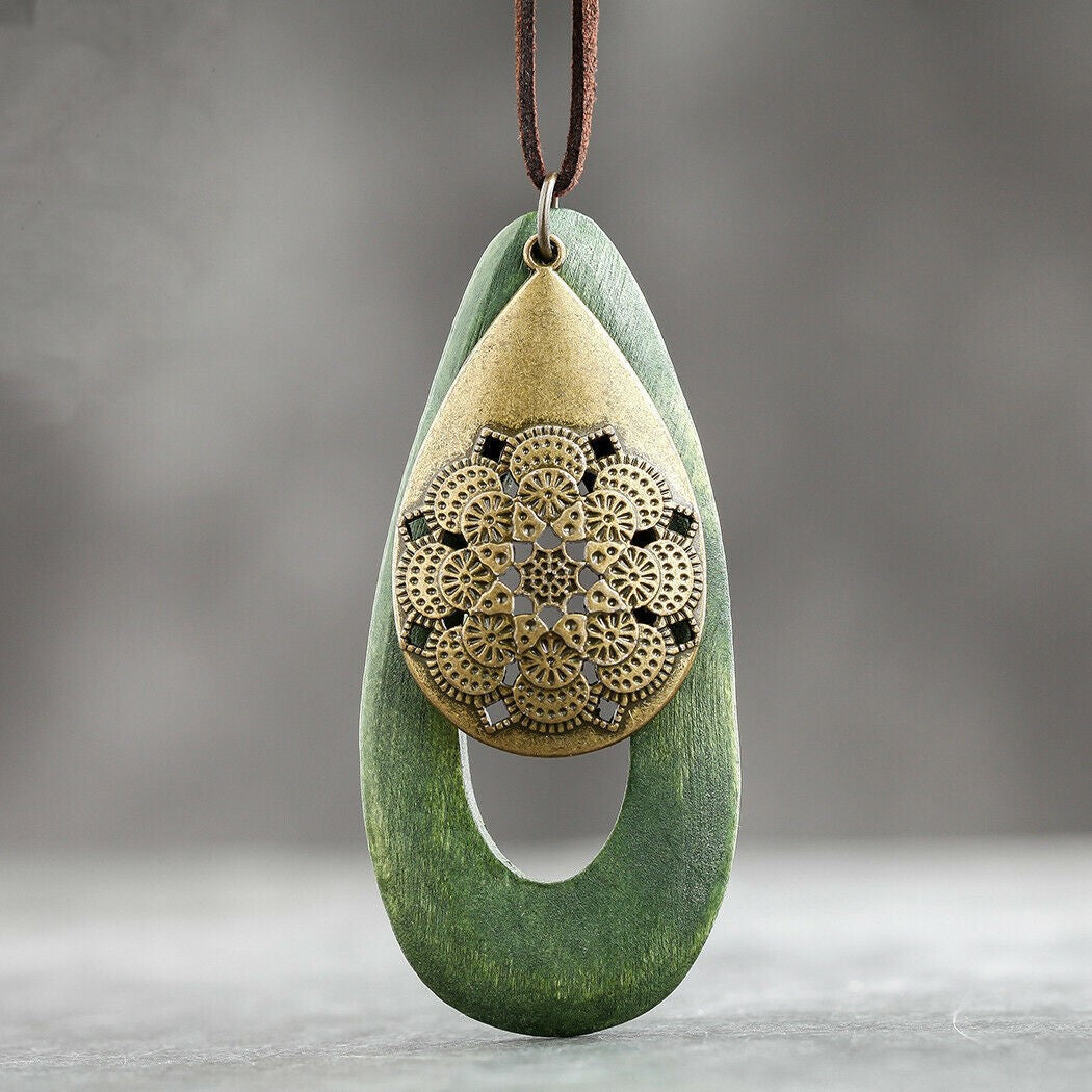 Bohemian Oval Wood Necklace | Natural Charm | Eco-Friendly-Green-State of Style