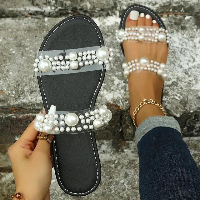 Bohemian Slip-On Women's Sandals with Pearl Decoration – Elvyna-Black-3-State of Style