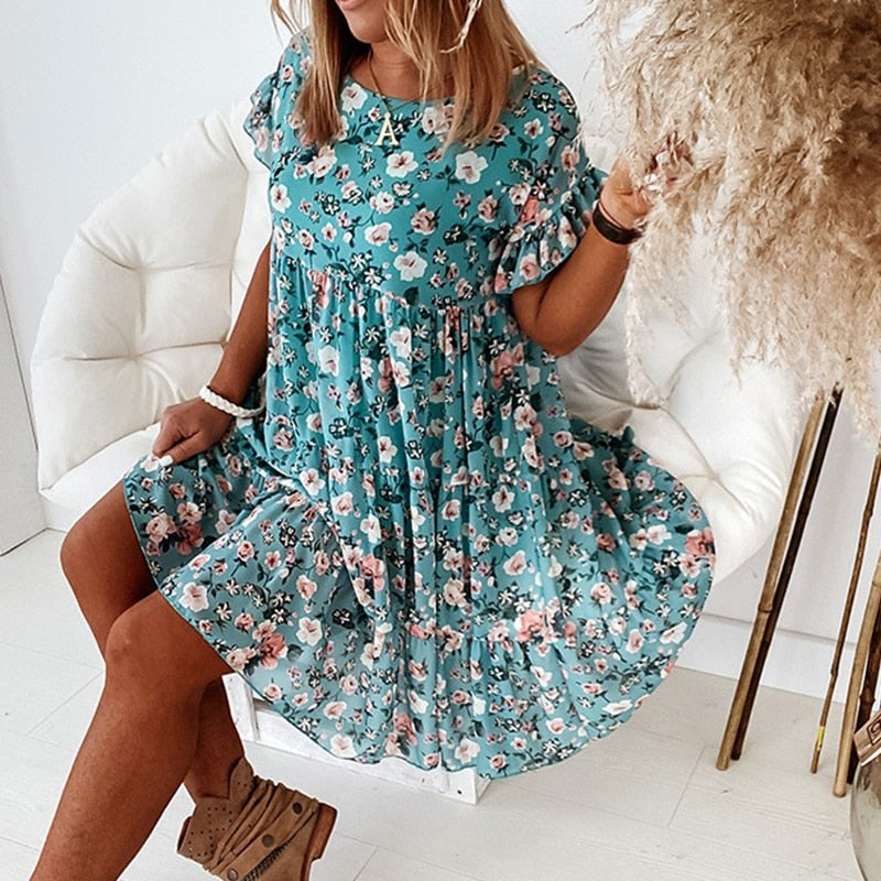 Boho floral dress with ruffles and fitted waist – Calista-Beige-S-State of Style