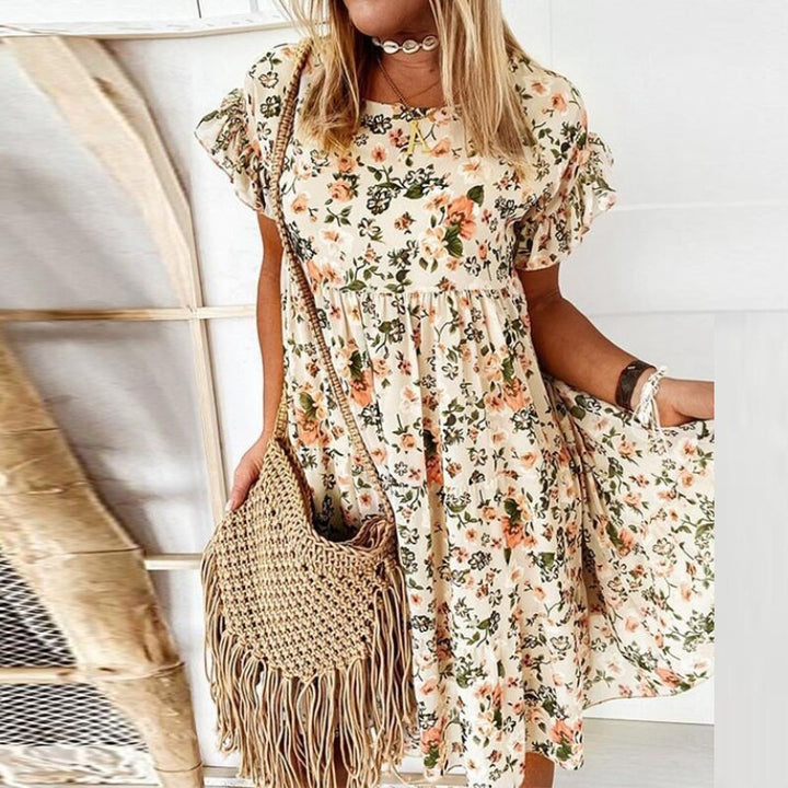 Boho floral dress with ruffles and fitted waist – Calista-Beige-S-State of Style