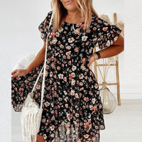 Boho floral dress with ruffles and fitted waist – Calista-Black-S-State of Style