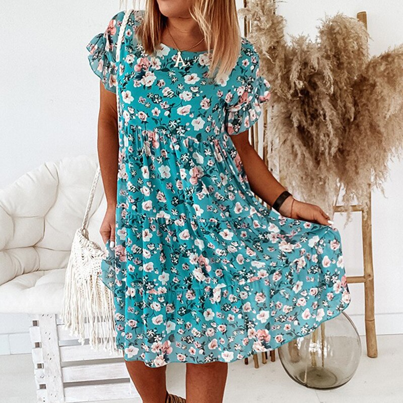 Boho floral dress with ruffles and fitted waist – Calista-Blue-S-State of Style