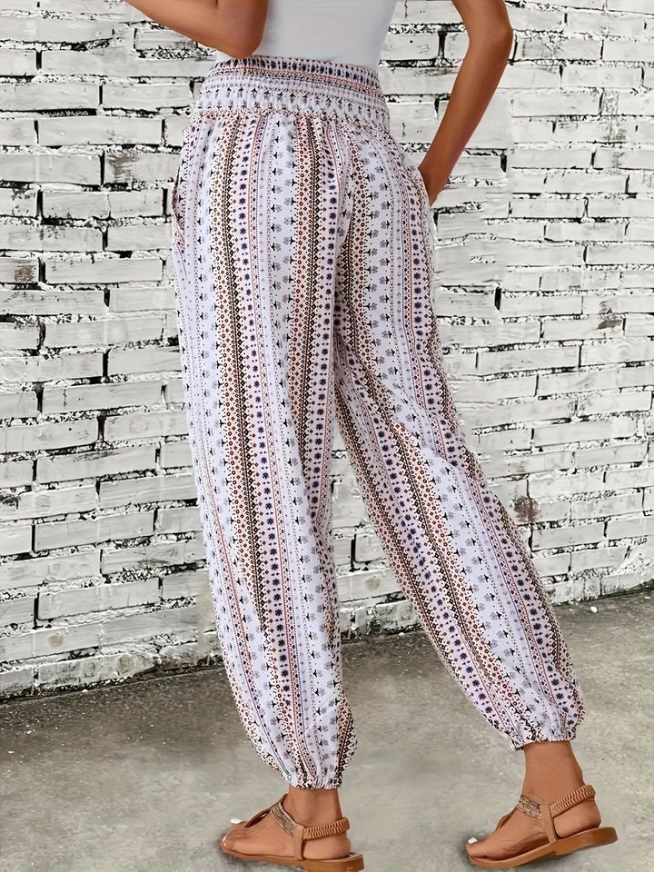 Boho High-Waist Women's Trousers with Print & Smocked Waistband – Linara-Dark brown-S-State of Style