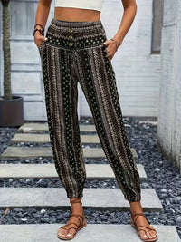 Boho High-Waist Women's Trousers with Print & Smocked Waistband – Linara-Dark green-S-State of Style