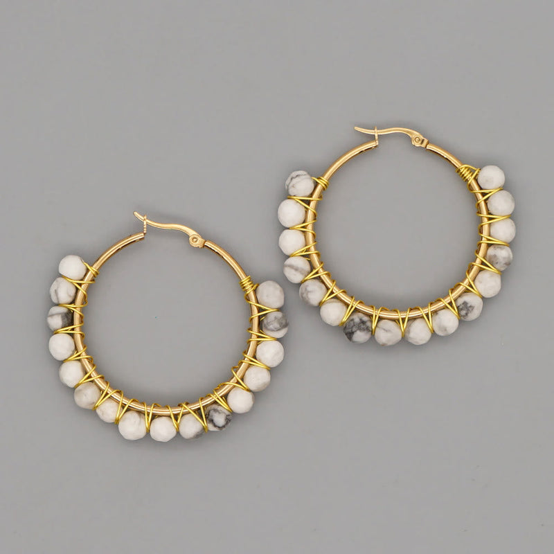 Boho Natural Crystal Large Hoop Earrings - Sanne-White Turquoise-State of Style