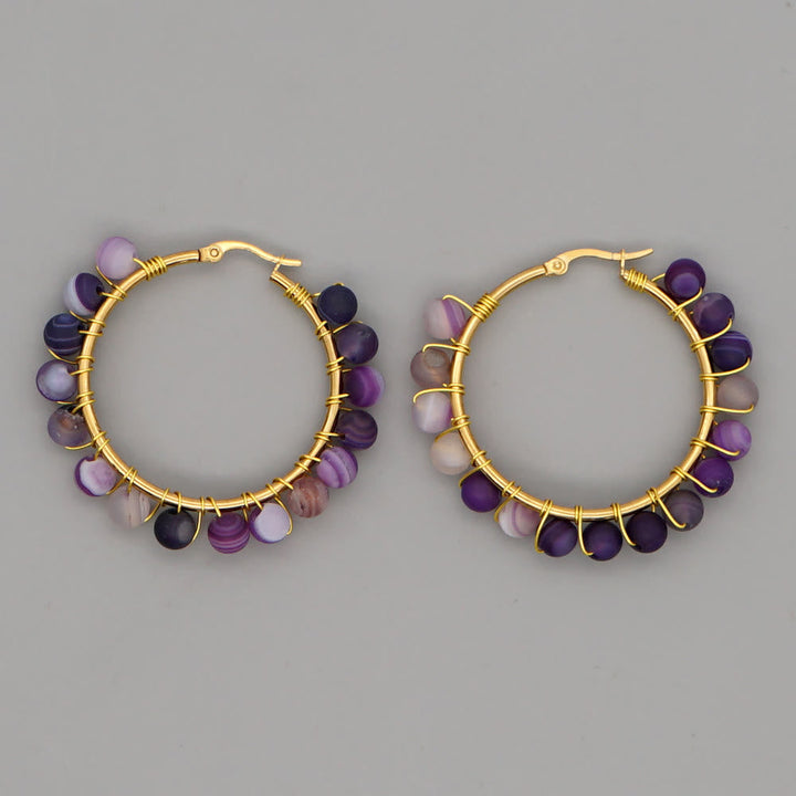Boho Natural Crystals Large Hoop Earrings - Sanne-Purple Malachite-State of Style