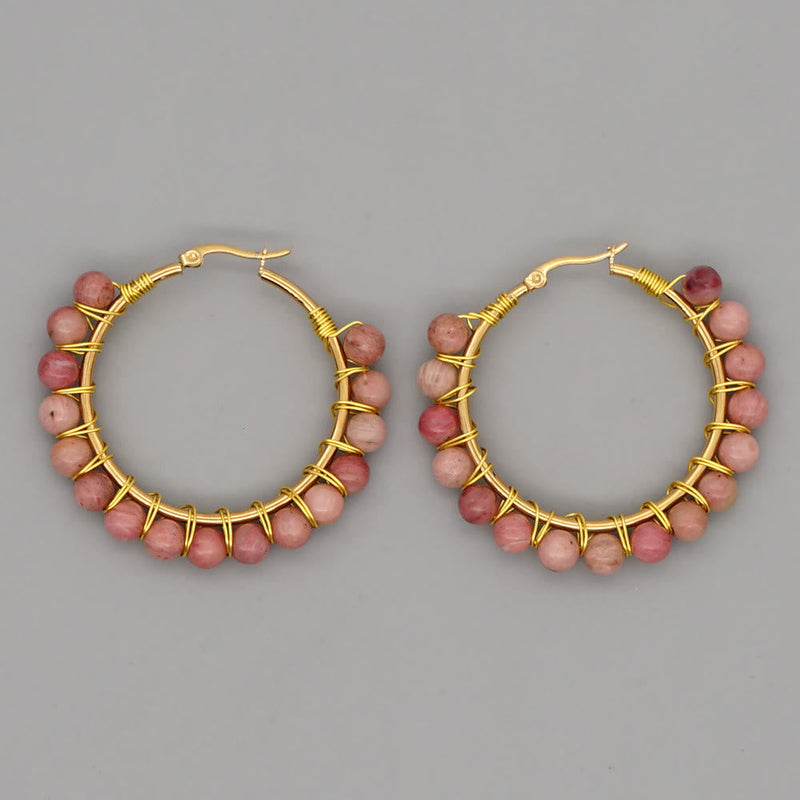 Boho Natural Crystals Large Hoop Earrings - Sanne-Rhodonite-State of Style