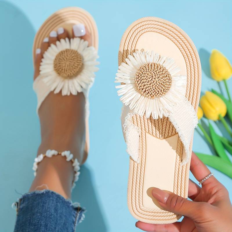 Boho Slip-On Sandals with Flower Detail – Marivi-Black-3-State of Style