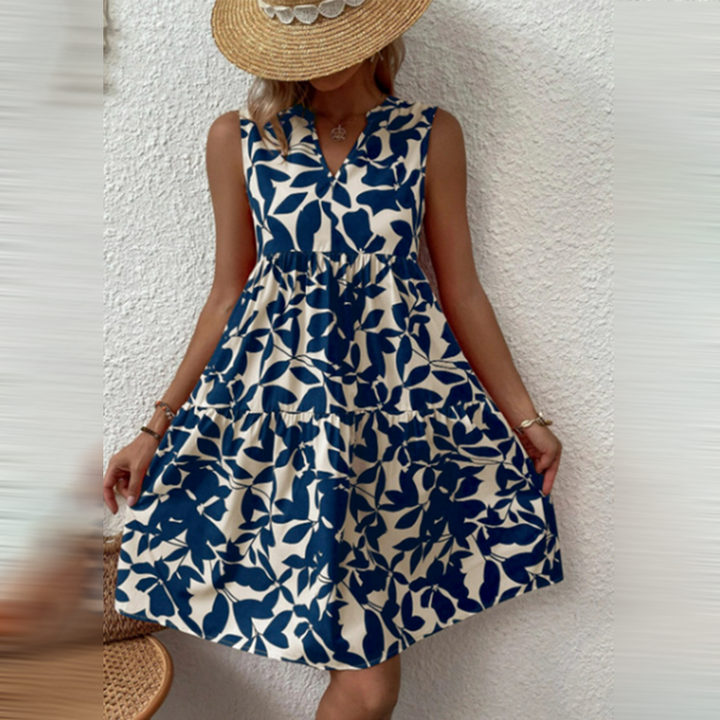 Boho Summer Dress with Print and V-neck – Yalina-Dark blue-S-State of Style