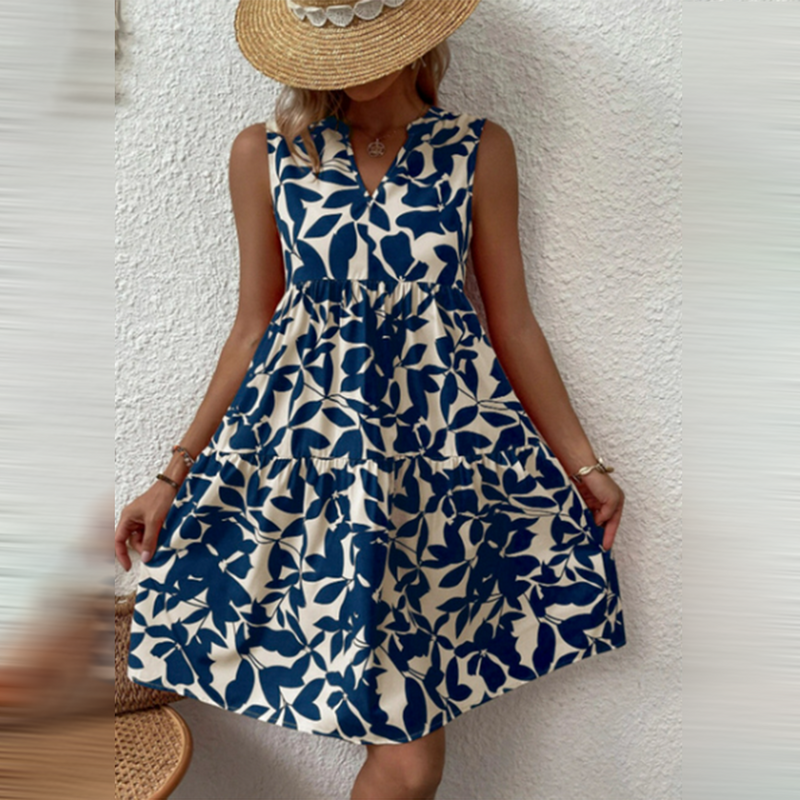 Boho Summer Dress with Print and V-neck – Yalina-Dark blue-S-State of Style
